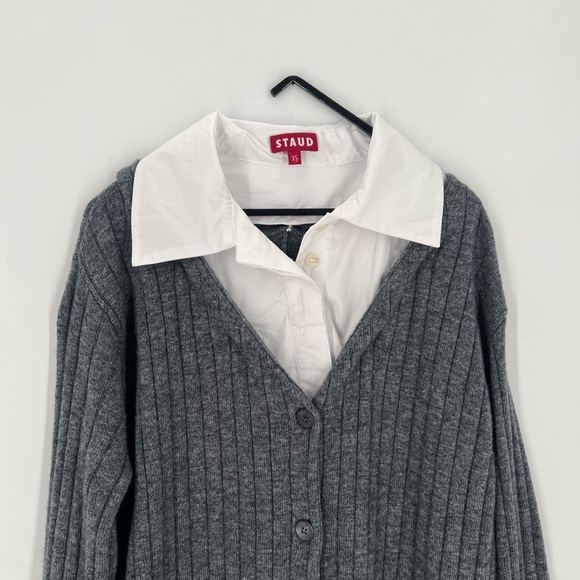 Staud Wallis Mixed Media Collar Shirt Cardigan Sweater Dress In Charcoal White - Picture 1 of 8
